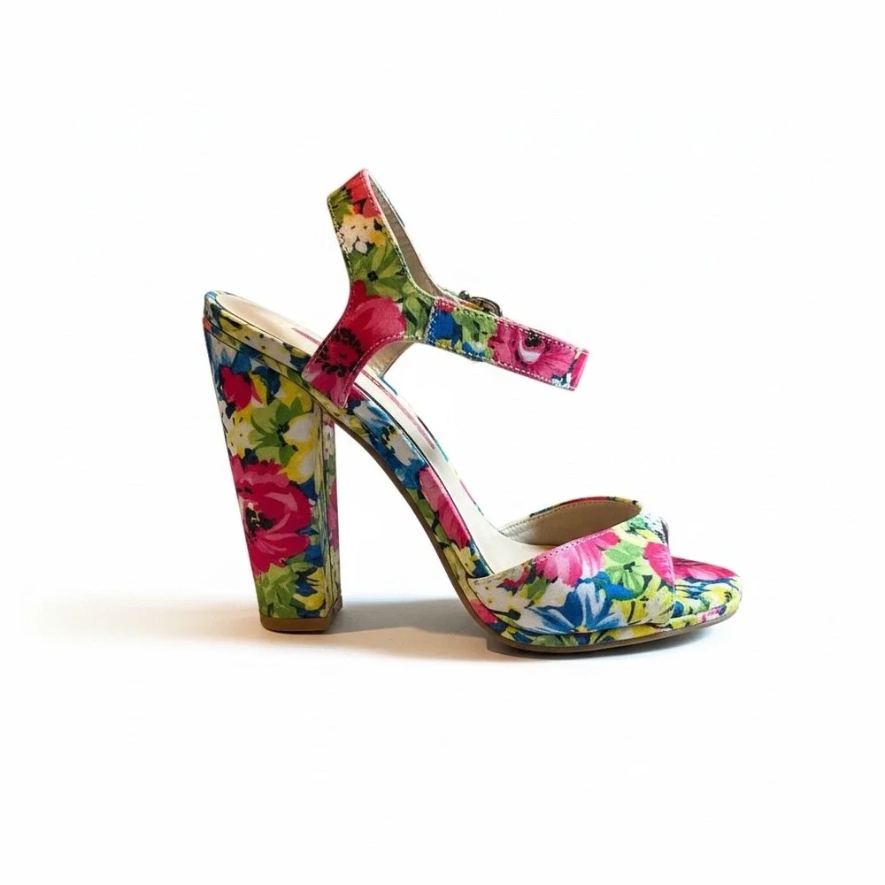 C. Labelle Floral Block Heel Sandals 8.5‎ Multicolor Platform Ankle Strap Retro